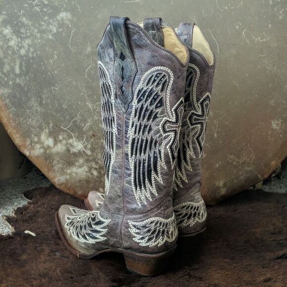 CORRAL A1241 distressed taupe/black winged cross black sequins cowgirl boots 7.5 - Picture 5 of 16